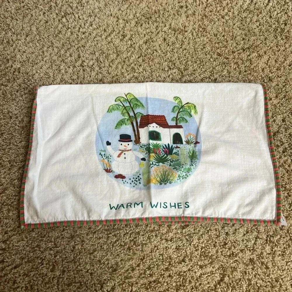 Anthropologie Christmas holiday dish towel warmest wishes snowman palm trees